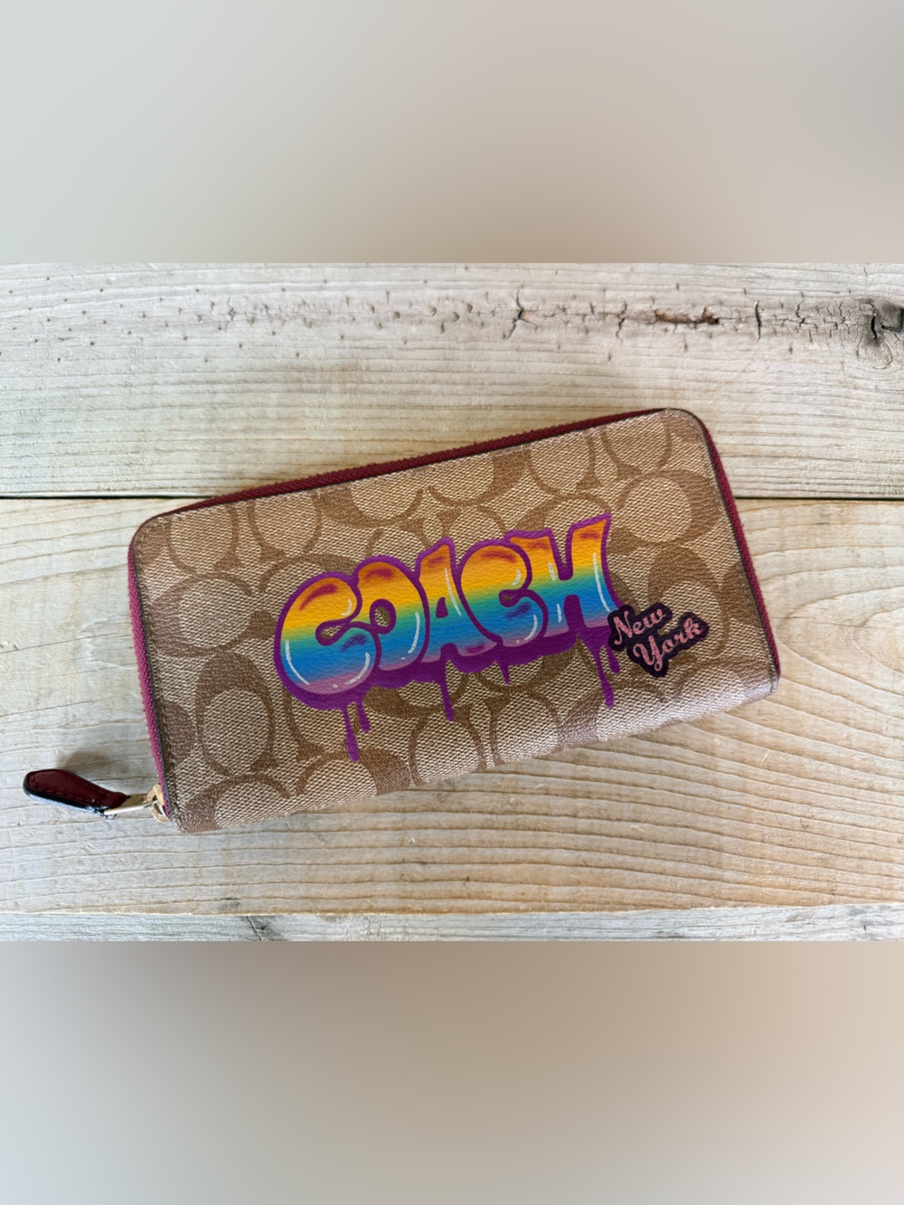 Coach Brown Signature Grafitti Wallet with Multicolor Rainbow Logo